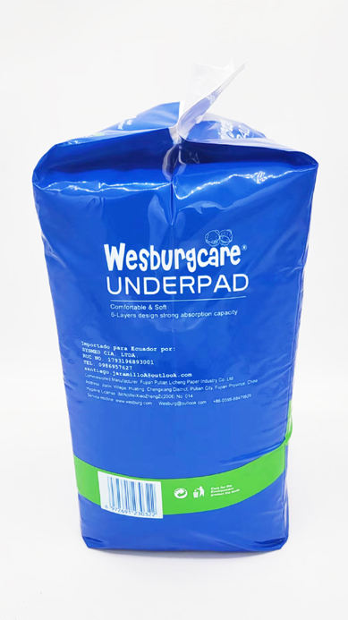 Almohadilla interior desechable para el cuidado personal 60*90 de la marca Wesburgcare núcleo de absorción fuerte de pulpa de madera de EE. UU.